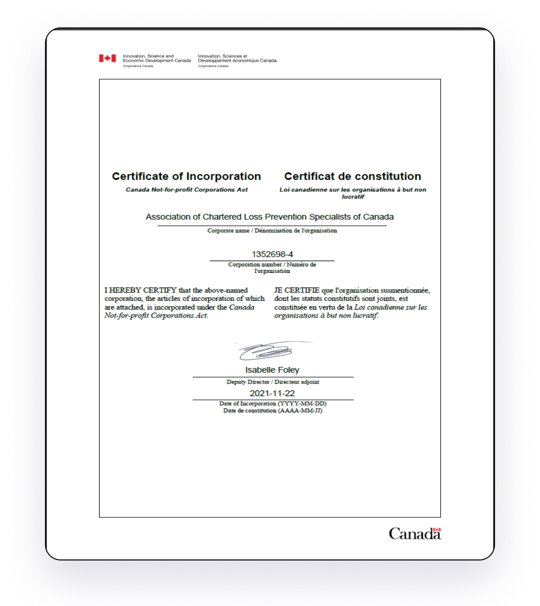 Click to view document Canada Chartered & Professional Association Certificate of Incorporation