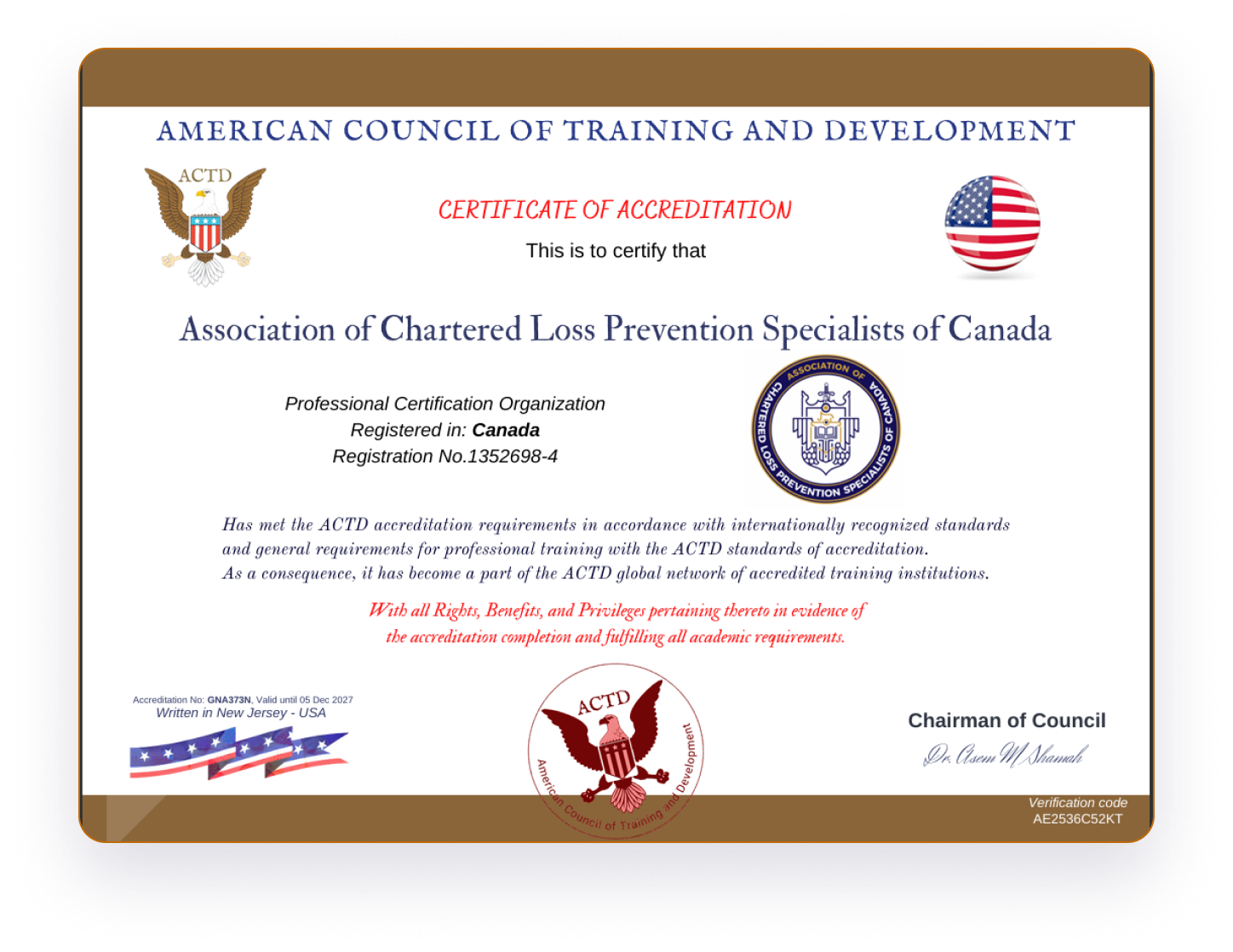 Click to view document ACTD-USA Certificate of Accreditation