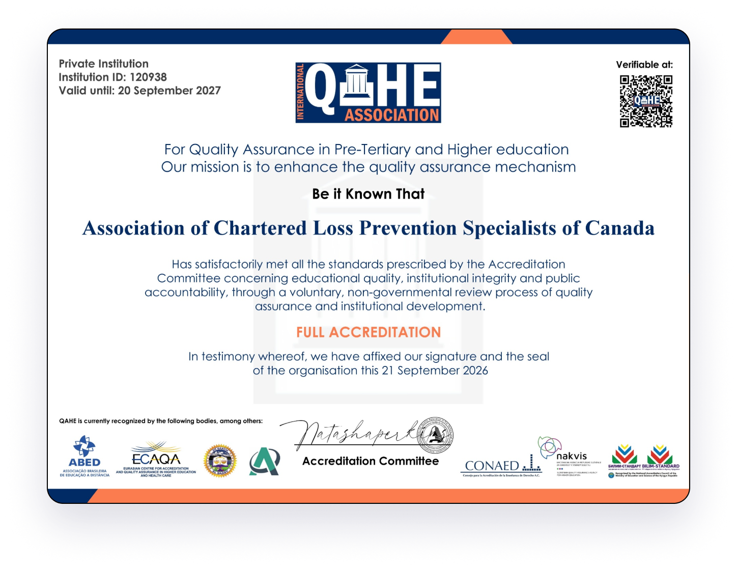 Click to view document QAHE Institutional Accreditation Certificate